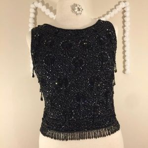VTG HELEN WONG Beaded Vest Shirt Black Tassels
